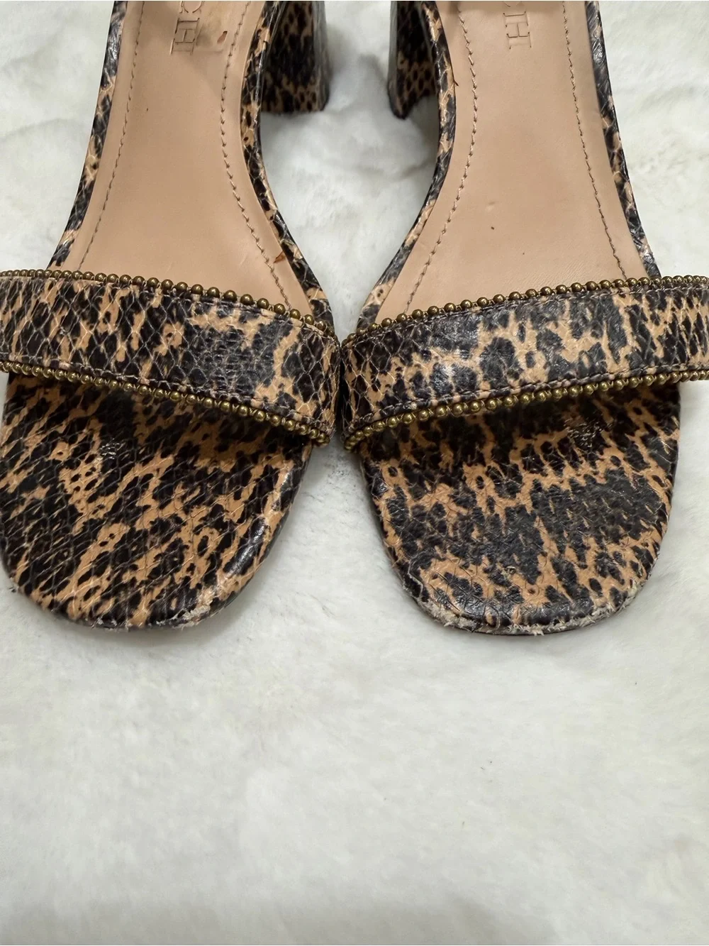 COACH Leopard Print Ankle-Strap Block Heel Sandals - Tan/Black Size 6